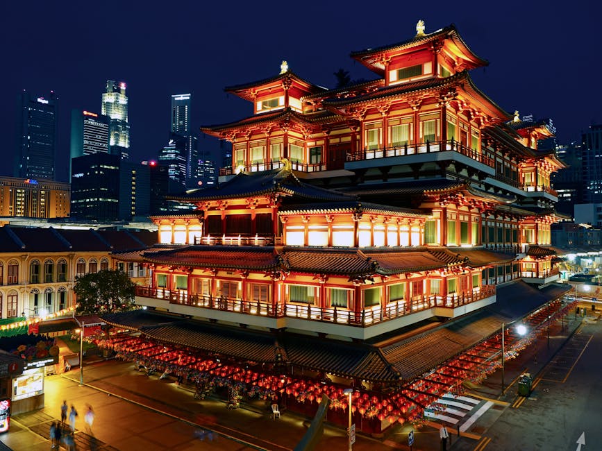 pexels-photo-326699-326699 Night view of the beautifully lit Buddha Tooth Relic Temple in Singapore's Chinatown.